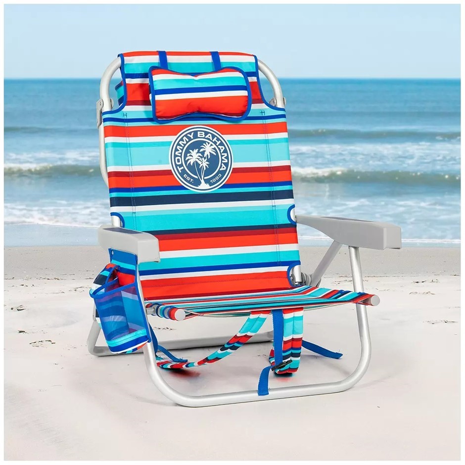 TOMMY BAHAMA 5-Positions Aluminium Backpack Beach Chair, Royal & Red Stripe