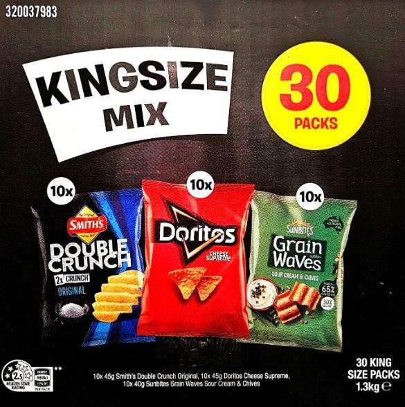 61 x Assorted Single Serve Chips, Incl: 35 x KING SIZE Variety, 42g & 26 x