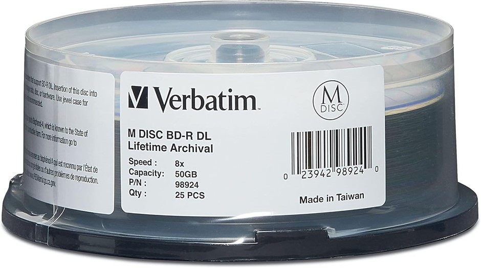 VERBATIM 98924 M-Disc BD-R DL 50GB 6X with Surface - 25pk Spindle,White,25-