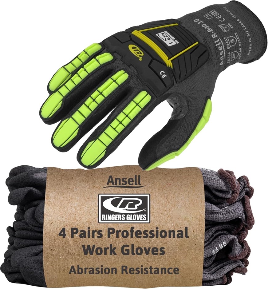 4 Pairs x ANSELL Ringers R840 Professional Work Gloves, Abrasion Resistant