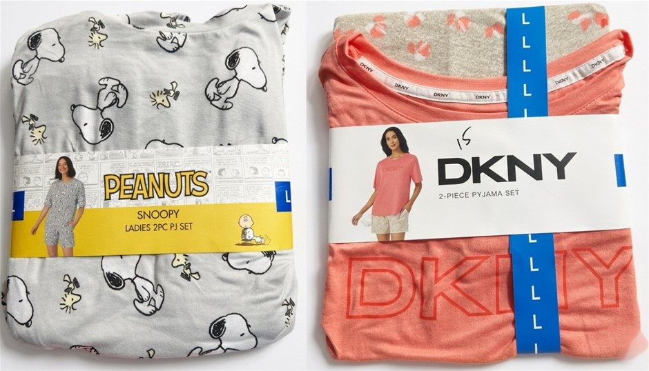 Women’s PJ Bundle: PEANUTS Snoopy Set (L, Grey) + DKNY 2pc Set (L, Coral)