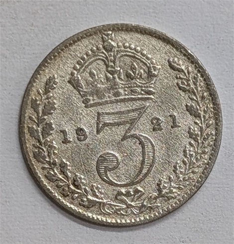 1921 GREAT BRITAIN UK Silver Three Pence 3P Coin