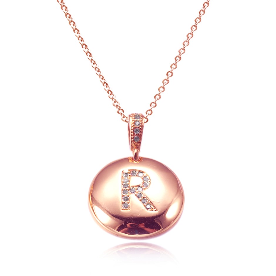 Initial Letter 'R' Charm Rose Gold Plated Pendant Necklace & Cubic Zirconia