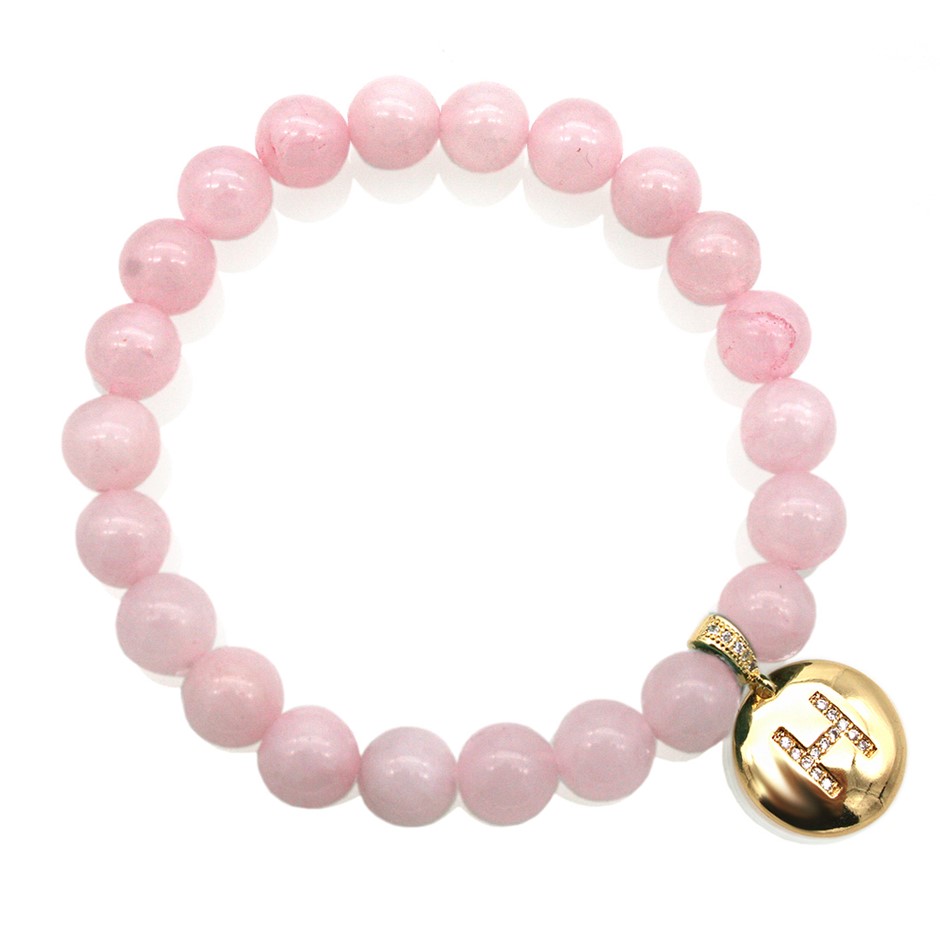 Round Rose Quartz & Letter 'H' Gold Plated with CZ  Bracelet