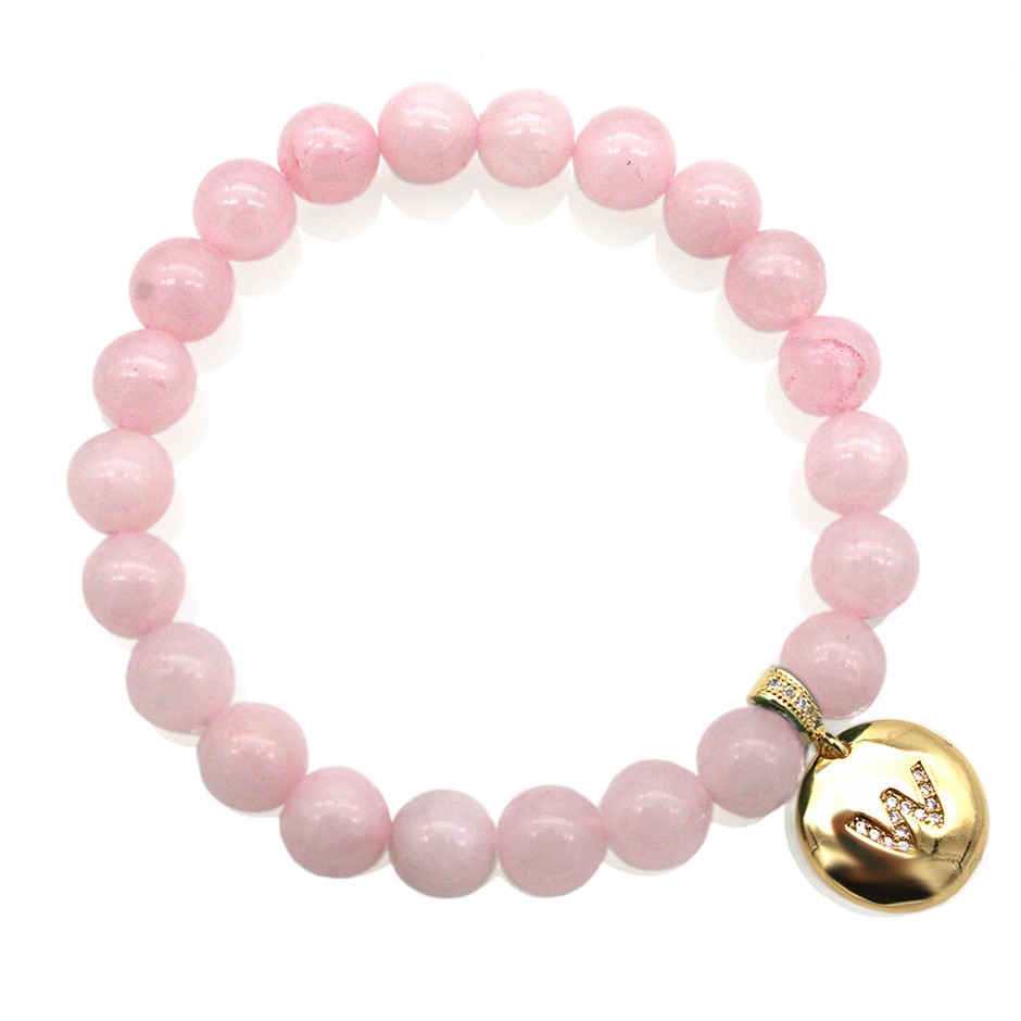 Round Rose Quartz & Letter 'W' Gold Plated with CZ  Bracelet