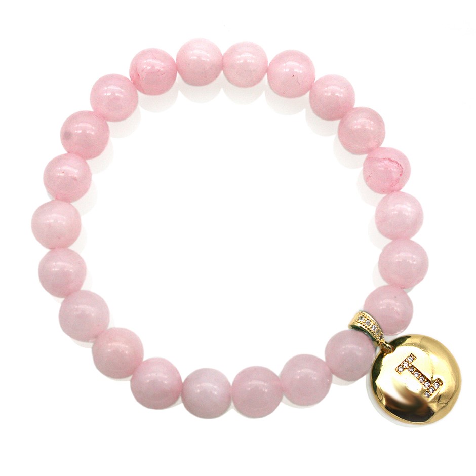 Round Rose Quartz & Letter 'I' Gold Plated with CZ  Bracelet
