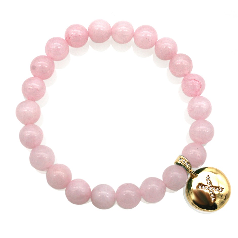 Round Rose Quartz & Letter 'X' Gold Plated with CZ  Bracelet