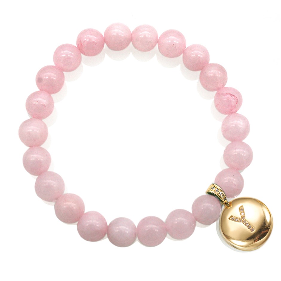 Round Rose Quartz & Letter 'Y' Gold Plated with CZ Bracelet