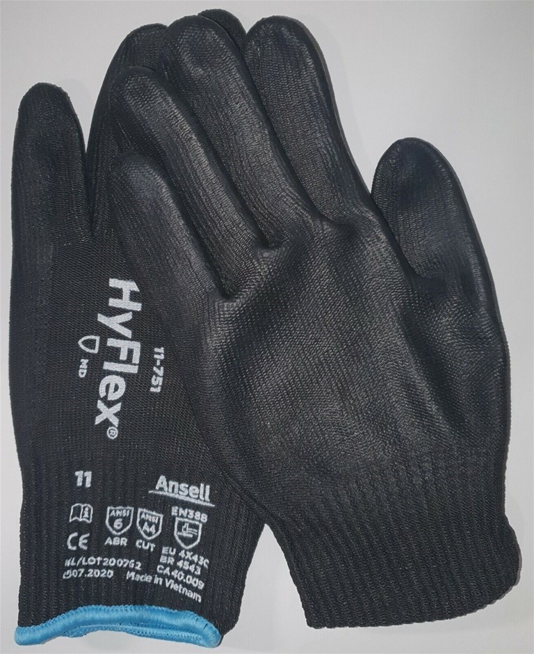 12 pairs x ANSELL 11-751 HyFlex Glove, Size 11, Black/Blue.