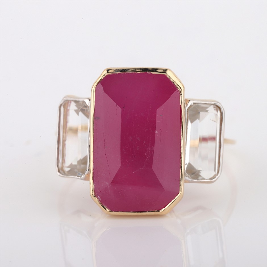 Yellow Gold Natural Ruby 8.0ct /Natural WhiteTopaz Ring with Valuation