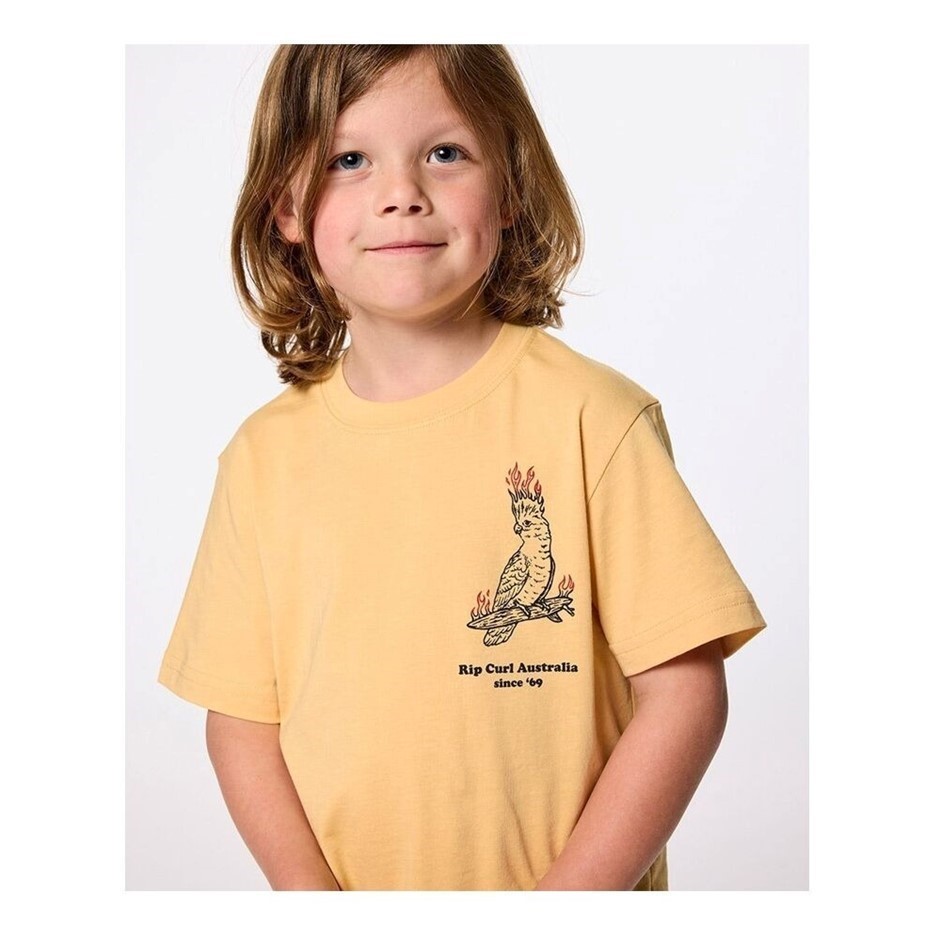RIP CURL Boy's Flamin Galah Short Sleeves Tee, Size 1-2, Washed Yellow. RRP