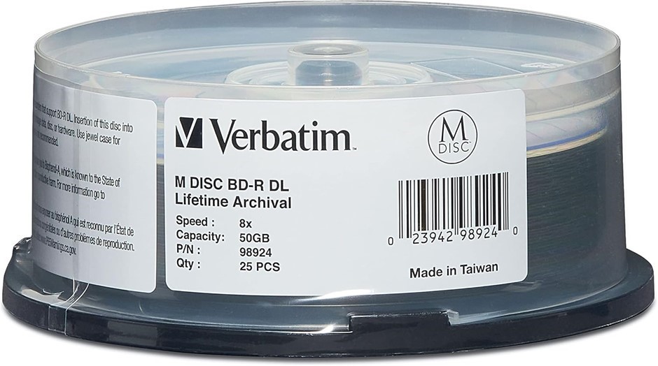 VERBATIM 98924 M-Disc BD-R DL 50GB 6X with Surface - 25pk Spindle,White,25-