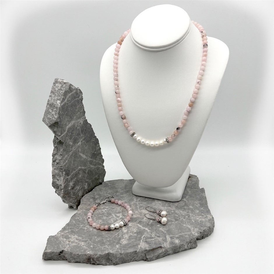 7-8mm Pearl & Cherry Blossom Real 18k Gold Plated Jewellery Set