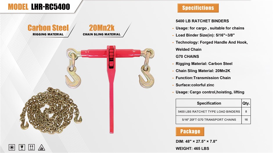 Unused 2025 Landhonor 5400 LB Ratchet Binders & G70 Chains LHR-RC5400