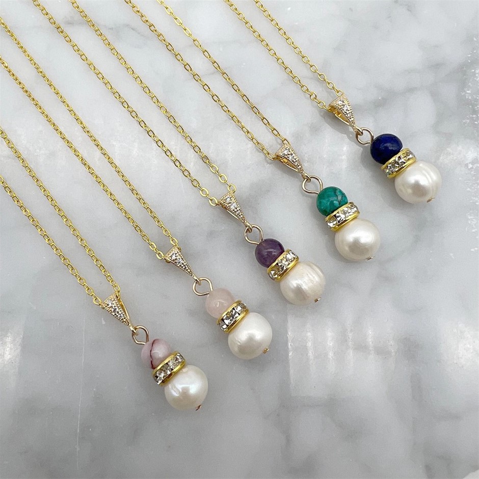 Freshwater Pearl & Gemstone Gold Plated Pendant Necklaces - 5 Pcs