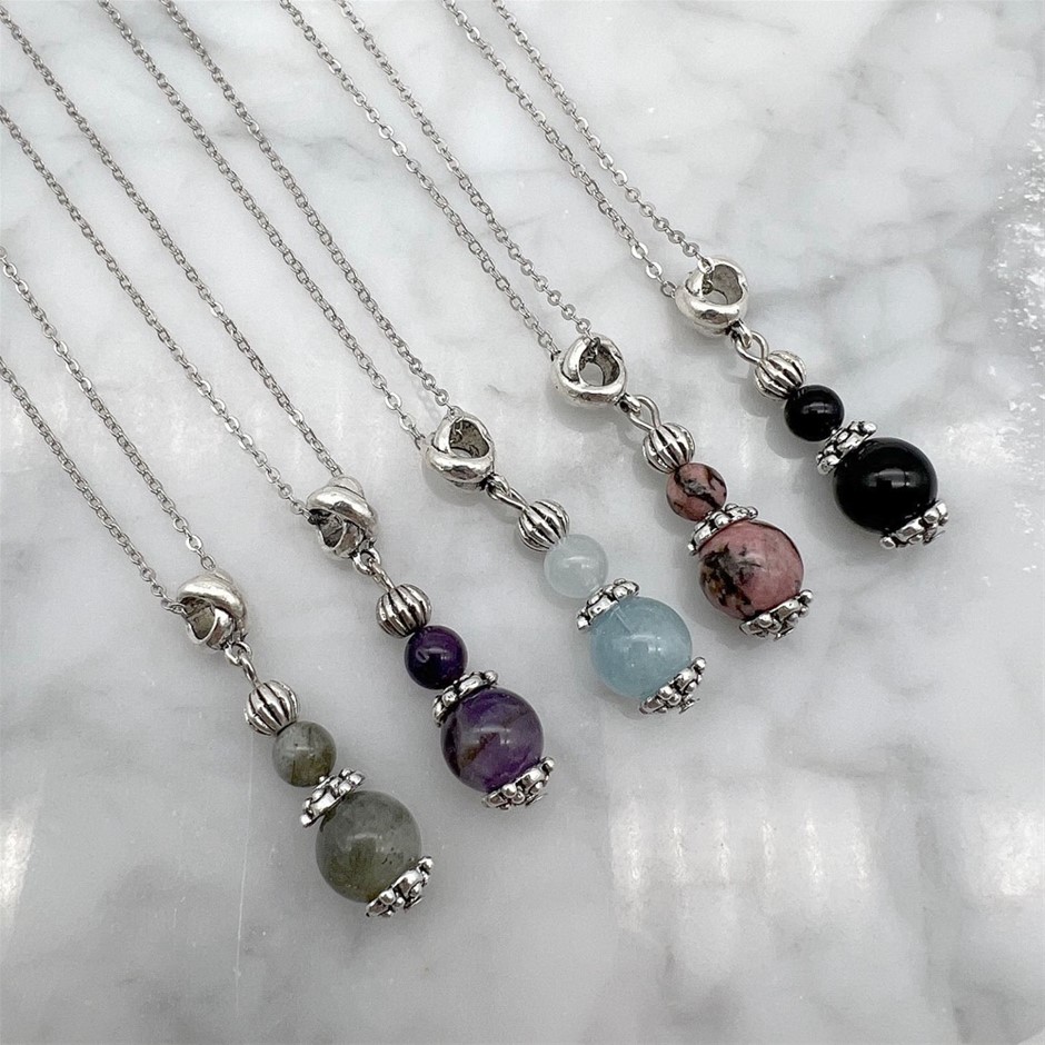 Gemstone Antique Style Silver & Platinum Plated Pendant Necklaces - 5 Pcs