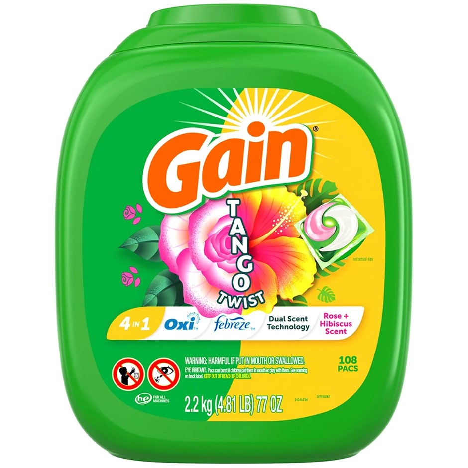 GAIN 108pc Flings Tango Twist Laundry Detergent Pacs. N.B: Missing lid & ap