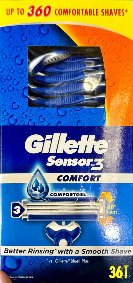 GILLETTE Box of 36pc Sensor 3 Comfort Disposable Razor. NB: damaged packagi
