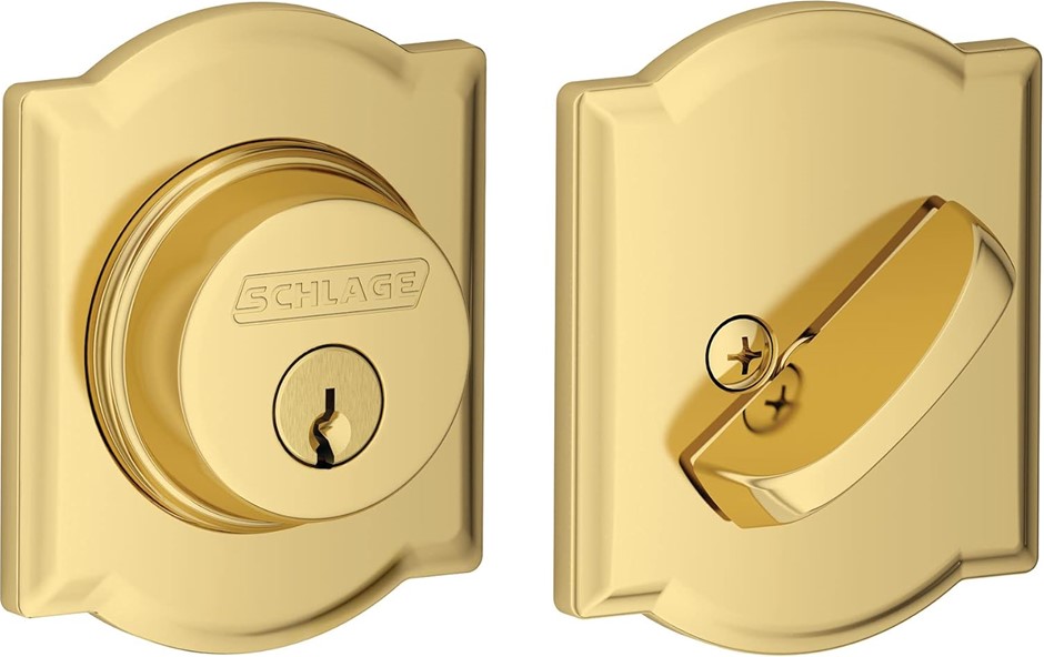 SCHALAGE Single Cylinder Deadbolt with Camelot Trim, Bright Brass (B60 N CA