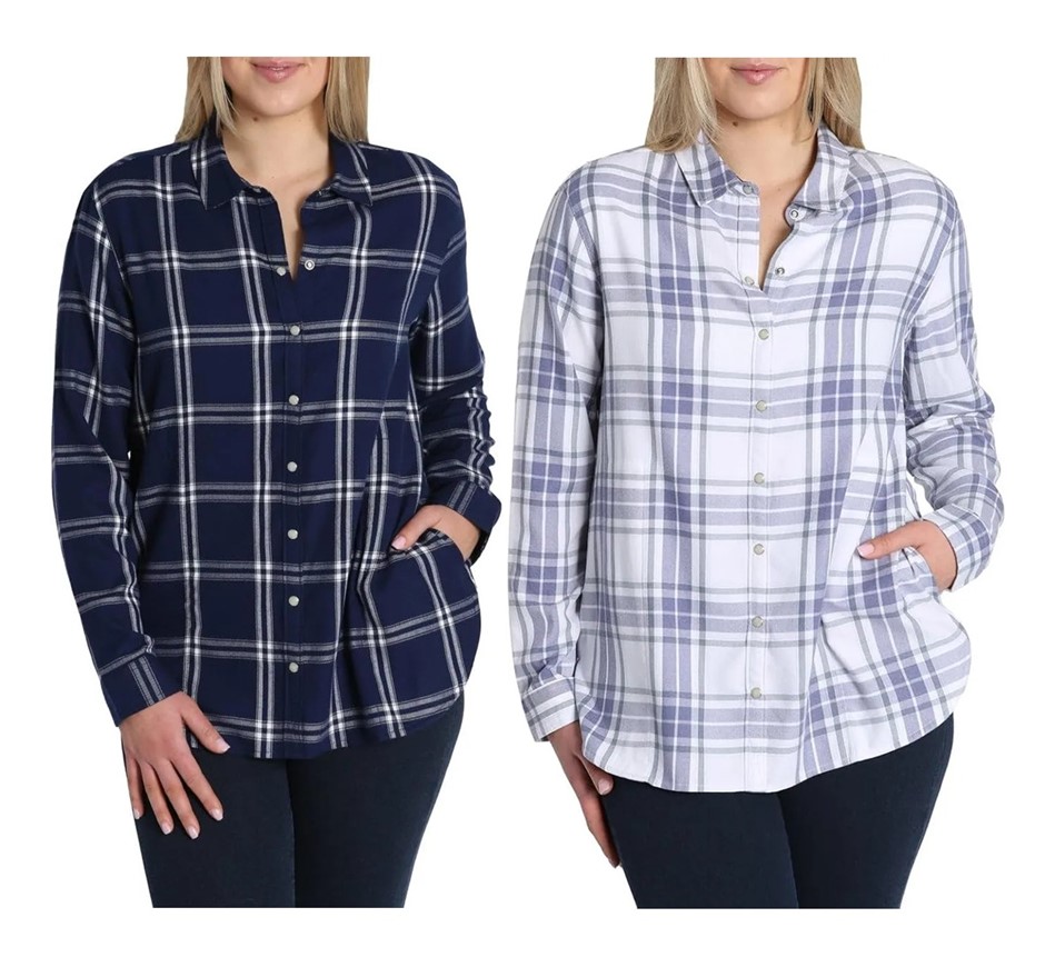 2 x JACHS Women's SuperSoft Feel Flannels, Size M, Navy Plaid & Violet Plai