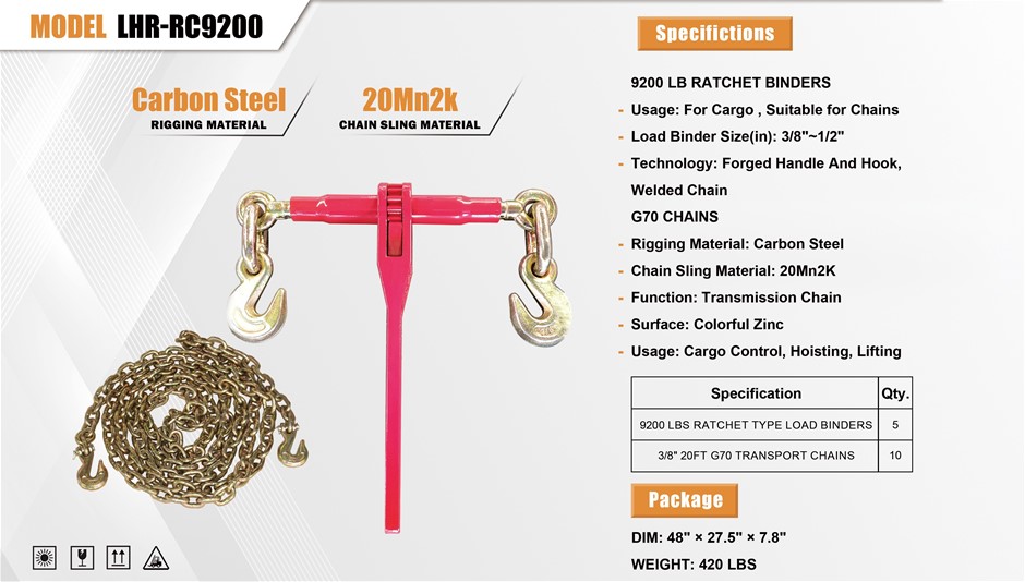 Unused 2025 Landhonor 9200LB Ratchet Binders & G70 Chains LHR-RC9200