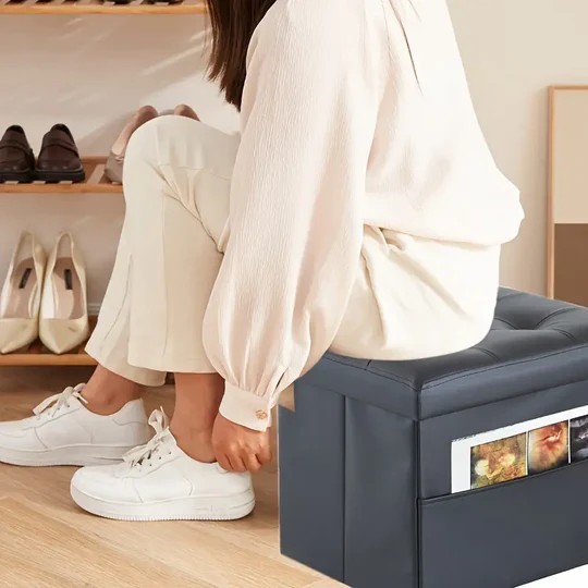 Black PU Leather Storage Ottoman: Folding Foot Stool with Thicker Foam