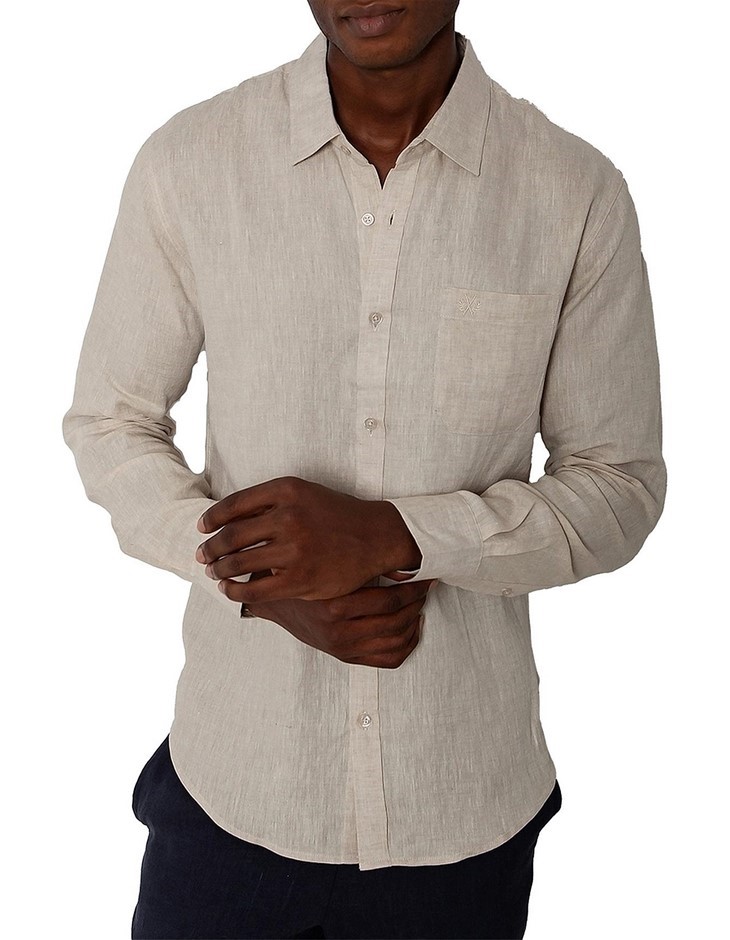 COAST Men's Long Sleeve Linen Shirt, Size L, 100% Linen, Sand, 18CCC400. B
