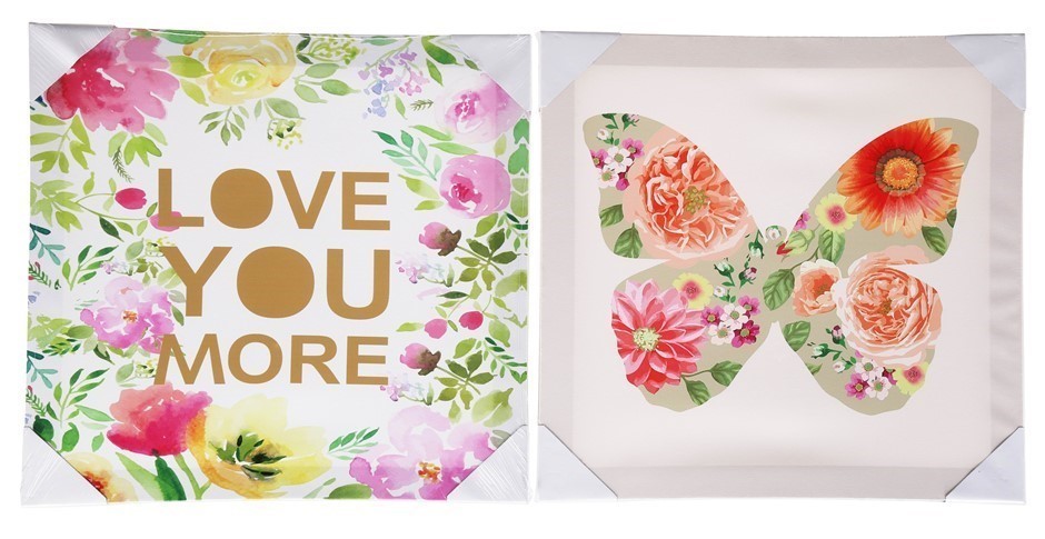 Set of 2 Canvass Wall Hangings, "Butterfly & Love You More" 400 x 400mm.