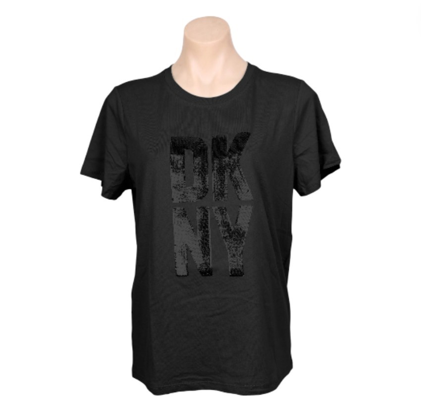 DKNY Women's Sequin Stack Logo Tee, Size L, 100% Cotton, Black.