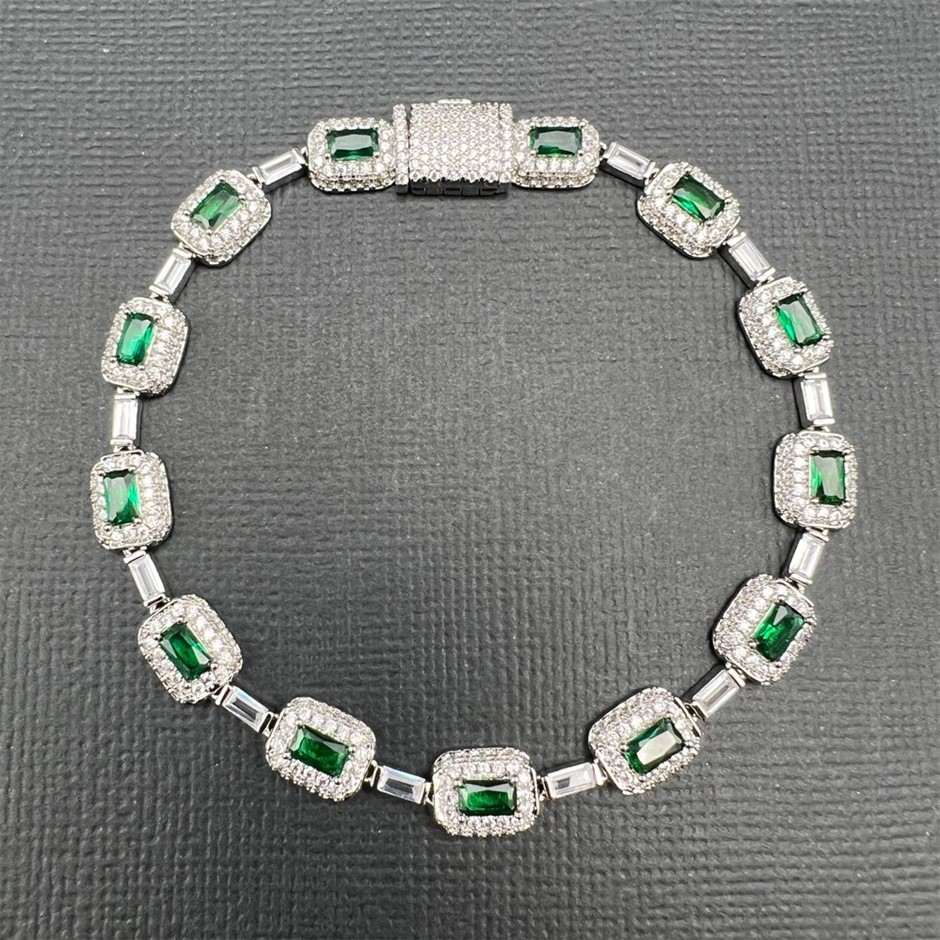 18K White Gold-Filled Chain Bracelet with Simulated Diamonds - 20.3cm