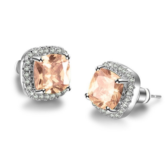 Stunning Square Simulated Diamond Bridal Stud Earrings - Champagne