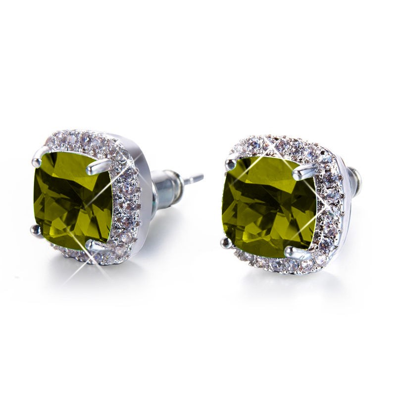 Stunning Square Simulated Diamond Bridal Stud Earrings - Olive Green