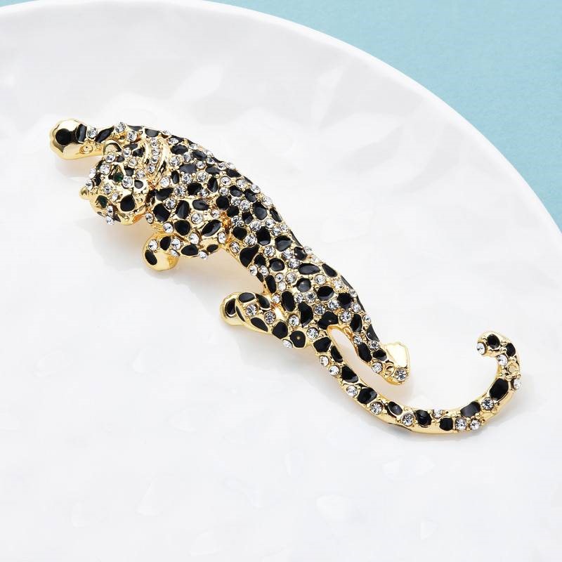 Designer Simulated Diamond Gold, Black & White Climbing Leopard Brooch Pin
