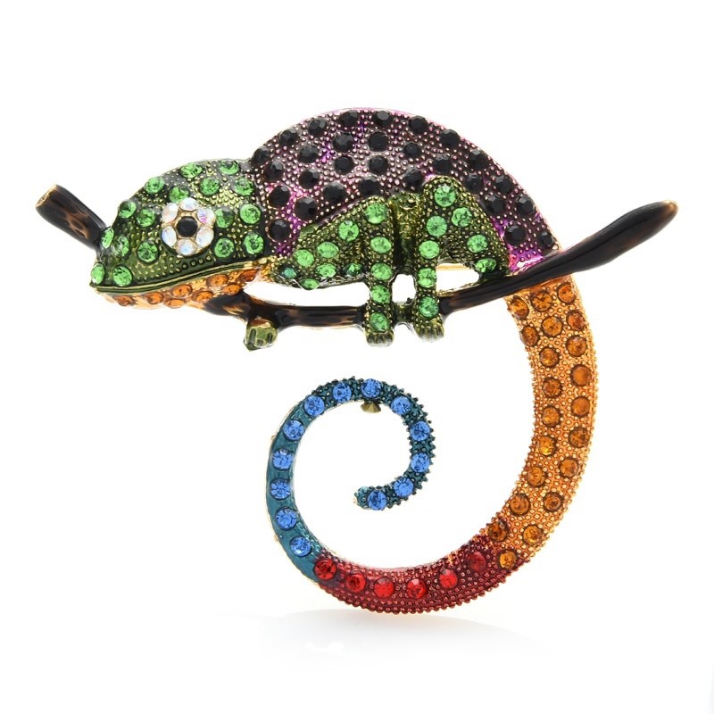 Designer Simulated Diamond Multicolour Chameleon Lizard Brooch Pin
