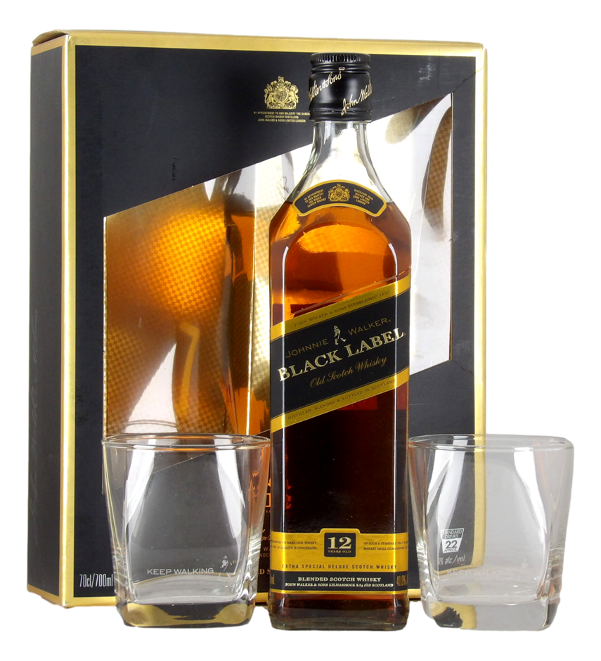 Johnnie Walker 12yr Black Label with 2 glasses (1x 700mL), Scotland.