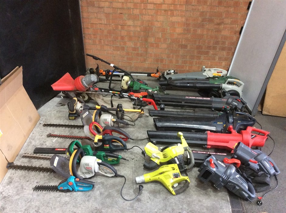 Mixed Garden Tools Including Hedge Trimmers + Leaf Blowers