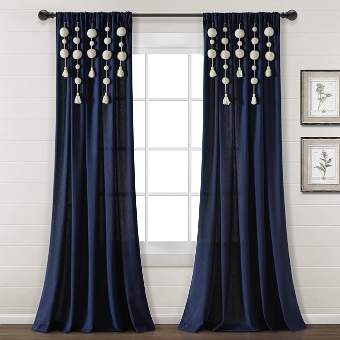 LUSH DECOR Boho Pom Pom Tassel Linen Window Curtain Panel (Single Panel), 8