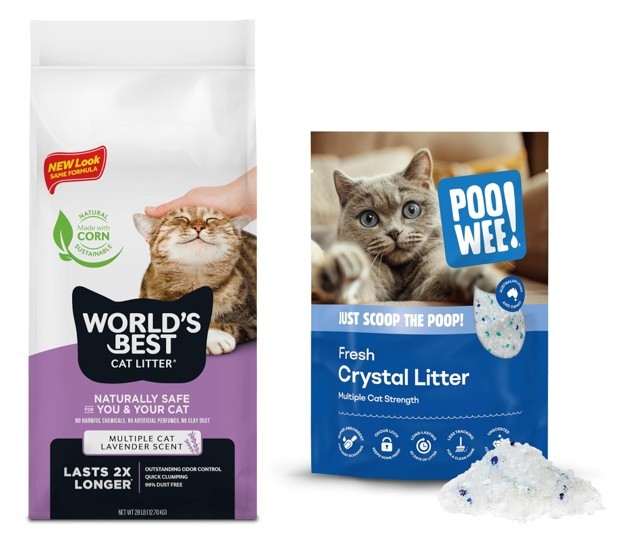 2 x Assorted Cat Litter Products Including POOWEE! Fresh Crystal Cat & Kitt
