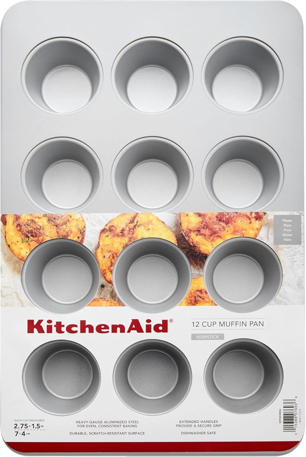 KITCHENAID Nonstick Aluminized Steel Muffin Pan, 12-Cup, Silver.
