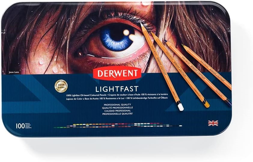 Derwent Lightfast Colored Pencils 100 Tin, Set of 100, 4mm Wide Core, 100%