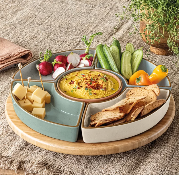 over&back Bamboo Lazy Susy With 5 Stoneware Dishes