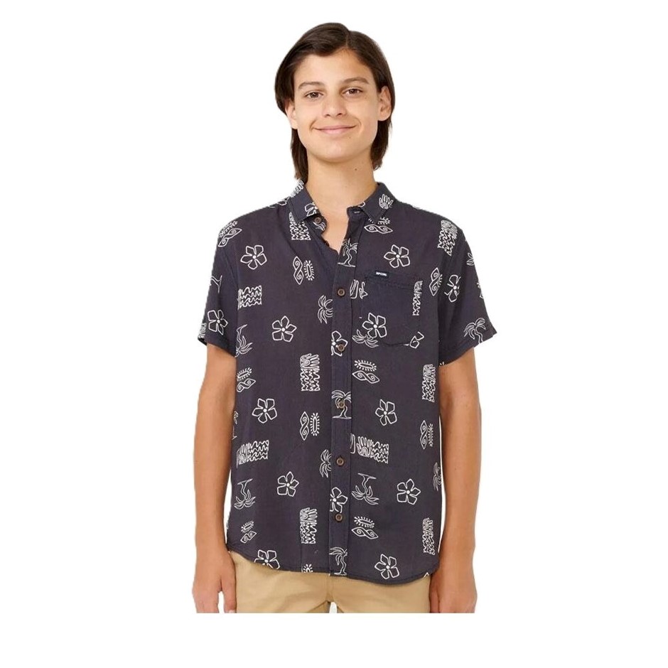 RIP CURL Boy's Evolution Short Sleeves Shirt - Black, Size 14. RRP: $60.  B