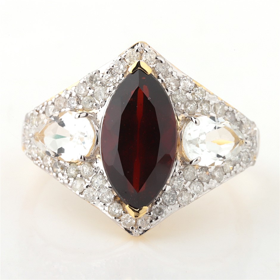 Yellow Gold Natural Garnet / Natural White Topaz & Diamond Ring with Valua