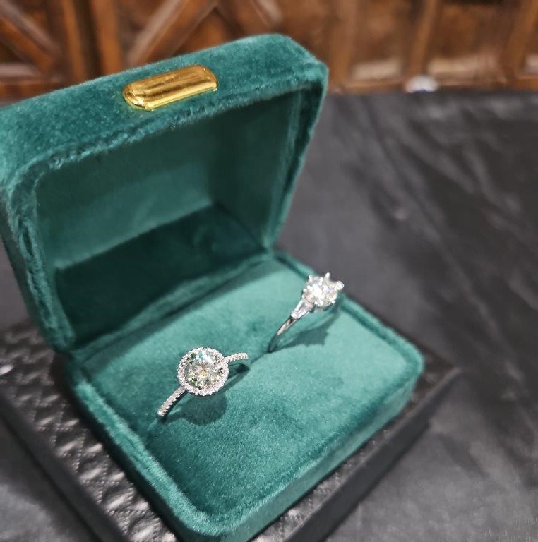 2pcsx1.0ct GRA Moissanite white & Blue Green Stone-925 Silver Ring -9US