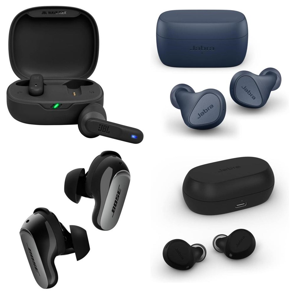 4 x Assorted Wireless Earbuds. 1 x JBL Wave Flex. 1 x BOSE QuietComfort Ult
