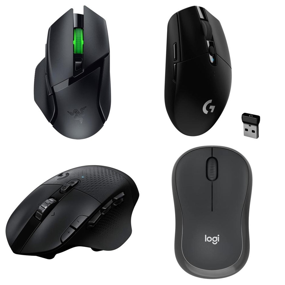 4 x Assorted Wireless Gaming Mice. 1 x RAZER Basilisk X Hyperspeed. 1 x LOG