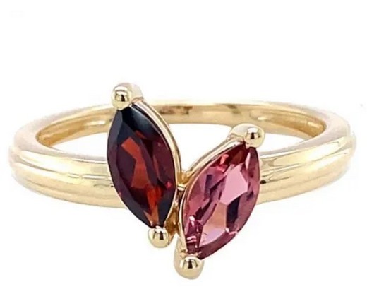 9K Yellow Gold GARNET & PNK TOUR MARQ HRT RING