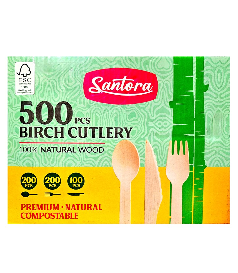 2 x Pack of 500pc SANTORA Assorted Birch Cutlery. N.B: Damaged packaging &