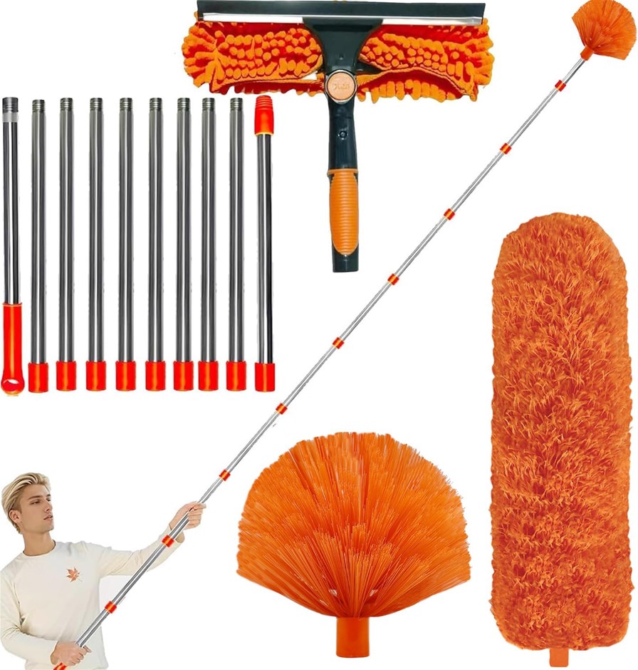 20+ ft High Reach Dusting Kit: 3–13 ft Extension Pole, 2-in-1 Window Cleane