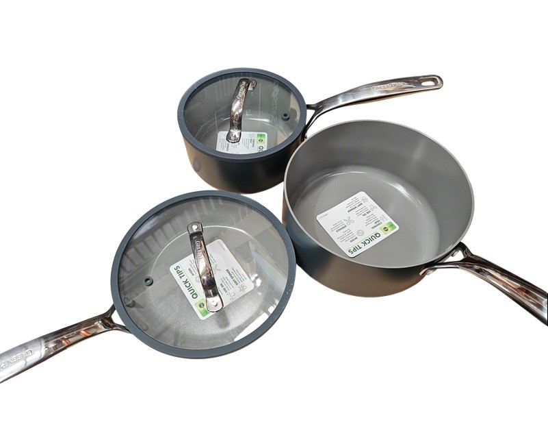 GREENPAN 3pc Small Pot & Saucepan Set w/ Glass Lids.